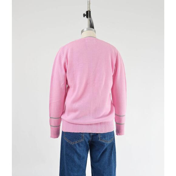 Vintage 60s Pink Two Piece Sweater Set Floral Vest Button Down Cardigan XS S - Picture 5 of 9